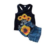 Toddler Baby Girls Sunflower Clothes 2 Piece Outfits Sleeveless Vest Tops+Denim Shorts Set Beach Summer Clothing Set Personalized Child Matching Clothing Sets (B, 18-24 Months) c17s