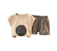 Toddler Clothes Set 2 Piece Boys Girls Summer Outfits, Short Sleeve Tee + Striped Shorts, Casual Kids Clothing Set (Beige, 6-12 Months) o94o