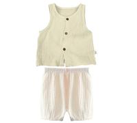 Toddler Girls 2-Piece Cotton Linen Outfit Sleeveless Tank Top & Shorts Set, Summer Baby Clothes, Casual Comfort Wear (Green, 6-12 Months) o84o