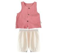 Toddler Girls 2-Piece Cotton Linen Outfit Sleeveless Tank Top & Shorts Set, Summer Baby Clothes, Casual Comfort Wear (Watermelon Red, 3-4 Years) o87o