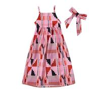 Toddler Girls African Print Maxi Dress Set Strappy Back Tie, Summer Beach Dress with Headband, Vacation Sundress for Baby & Kids (RD1, 6-7 Years) o29o