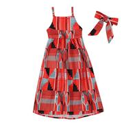Toddler Girls African Print Maxi Dress Set Strappy Back Tie, Summer Beach Dress with Headband, Vacation Sundress for Baby & Kids (RD2, 6-7 Years) o36o