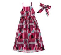 Toddler Girls African Print Maxi Dress Set Strappy Back Tie, Summer Beach Dress with Headband, Vacation Sundress for Baby & Kids (Purple, 5-6 Years) o21o