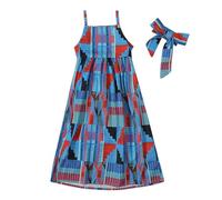 Toddler Girls African Print Maxi Dress Set Strappy Back Tie, Summer Beach Dress with Headband, Vacation Sundress for Baby & Kids (BU2, 6-7 Years) o15o