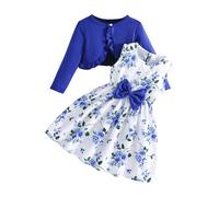 Toddler Girls Dress 2PC Set - Floral Sleeveless Dress & Long Sleeve Cardigan Ruffle Shrug Sweater, Cute Outfit for Baby & Kids (Dark Blue, 4 Years) o51o