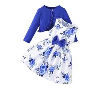Toddler Girls Dress 2PC Set - Floral Sleeveless Dress & Long Sleeve Cardigan Ruffle Shrug Sweater, Cute Outfit for Baby & Kids (Blue, 7 Years) o42o