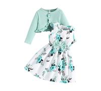 Toddler Girls Dress 2PC Set - Floral Sleeveless Dress & Long Sleeve Cardigan Ruffle Shrug Sweater, Cute Outfit for Baby & Kids (Mint Green, 8 Years) o79o