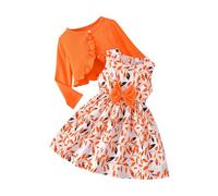 Toddler Girls Dress 2PC Set - Floral Sleeveless Dress & Long Sleeve Cardigan Ruffle Shrug Sweater, Cute Outfit for Baby & Kids (Orange, 6 Years) o89o