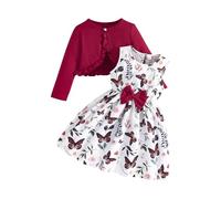 Toddler Girls Dress 2PC Set - Floral Sleeveless Dress & Long Sleeve Cardigan Ruffle Shrug Sweater, Cute Outfit for Baby & Kids (Wine, 6 Years) o14o