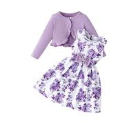 Toddler Girls Dress 2PC Set - Floral Sleeveless Dress & Long Sleeve Cardigan Ruffle Shrug Sweater, Cute Outfit for Baby & Kids (Navy, 6 Years) o83o