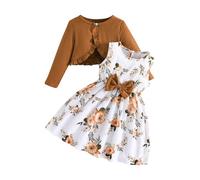 Toddler Girls Dress 2PC Set - Floral Sleeveless Dress & Long Sleeve Cardigan Ruffle Shrug Sweater, Cute Outfit for Baby & Kids (Khaki, 8 Years) o67o