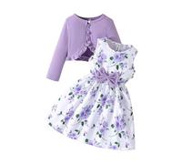 Toddler Girls Dress 2PC Set - Floral Sleeveless Dress & Long Sleeve Cardigan Ruffle Shrug Sweater, Cute Outfit for Baby & Kids (Purple, 6 Years) o2o