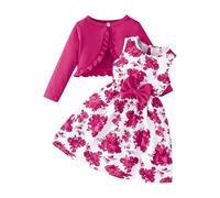 Toddler Girls Dress 2PC Set - Floral Sleeveless Dress & Long Sleeve Cardigan Ruffle Shrug Sweater, Cute Outfit for Baby & Kids (Watermelon Red, 6 Years) o20o