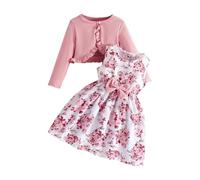 Toddler Girls Dress 2PC Set - Floral Sleeveless Dress & Long Sleeve Cardigan Ruffle Shrug Sweater, Cute Outfit for Baby & Kids (Hot Pink, 4 Years) o57o
