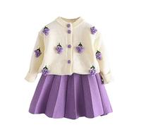 Toddler Girls Fall Winter Outfits Baby Long Sleeve Knitted Sweater Cardigan Tops Pleated Mini Skirt Set Clothes Set Casual Sweater Knitwear Warm Clothes (Purple, 1-2 Years) e76c