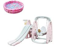 Toddler Slide and Swing Set 5 en 1 intérieure Vert frais ou rose avec piscine à boule de cerceau basketball et mer colorée Outils de bricolage(Pink)
