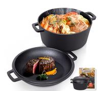Todeco 2 en 1 Marmite en Fonte avec couvercle de poêle, 5L Dual Function Casserole en fonte avec recette pour cuisine, Pré-assaisonné, pour cuisine, camping, barbecue, rôtir ou braiser