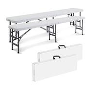 Todeco Banc Pliant Camping, Banc en Plastique de Jardin, 2 Pièces Banc Exterieur Plastique pour Fête Barbecue Pique-Nique, 2 à 4 Personnes par Banc, Pliable en Deux, 183 x 30 x 43 cm