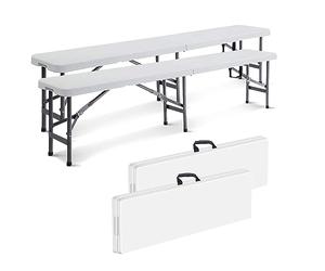 Todeco Banc Pliant Camping, Banc en Plastique de Jardin, 2 Pièces Exterieur Plastique pour Fête Barbecue Pique-Nique, 2 à 4 Personnes, Pliable en Deux, 183 x 30 x 43 cm