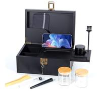 Todeco Boîte de Rangement en Bambou avec Serrure, Grinder et Accessoires | 2 Clés, 2 Bocaux en Verre, 2 Tubes à Essai, Pince, Brosse, Plateau Coulissant Amovible, Séparateurs de Rangement, pour Maison