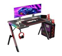 Todeco Bureau Gaming LED 140 x 60cm, Grande Bureau Gamer avec Plateau en Fibre de Carbone, Ergonomique avec Tapis de Souris, Porte-gobelet et Crochet pour Casque