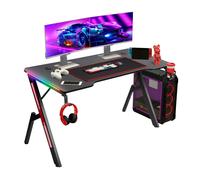Todeco Bureau Gaming LED 140 x 60cm, Grande Bureau Gamer avec Plateau en Fibre de Carbone, Ergonomique avec Tapis de Souris, Porte-gobelet et Crochet pour Casque