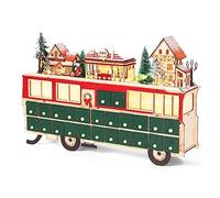 Todeco Calendrier de l'Avent en bois, 24 Tiroirs à remplir, Calendrier de l'Avent Lumineux, Forme du bus, Décoration de Noël en Bois, 43 x 8,5 x 28 cm