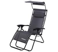 Todeco Chaise Longue Transat Jardin Plein Air, Transat de Plage Pliable avec Pare Soleil, Bain de Soleil avec Repose-tête, d’accoudoirs Réglables, Camping en Respirantes Textilène, Gris
