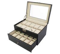 Todeco - Coffret à Montres, Boite pour Montres et Bracelets - Matériau de la boîte: MDF - Matériau du coussin: Velours - 20 montres avec vitre et tiroir, Noir/Beige