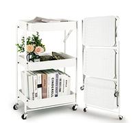 Todeco Desserte à roulettes Pliable Chariot de Cuisine Pliante, Blanc | Chariot Mobile à 3 Niveaux, Pas d'assemblage, 46 x 29 x 78 cm, pour Cuisine, Bureau, Salle de Bain, Vestiaire