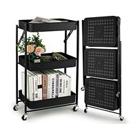 Todeco Desserte à roulettes Pliable Chariot de Cuisine Pliante, Noir | Chariot Mobile à 3 Niveaux, Pas d'assemblage, 46 x 29 x 78 cm, pour Cuisine, Bureau, Salle de Bain, Vestiaire