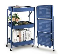 Todeco Desserte à roulettes Pliante, Chariot Mobile à 3 Niveaux, Chariot de Cuisine, Pas d'assemblage, 46 x 29 x 78 cm, pour Cuisine, Bureau, Salle de Bain, Vestiaire (Bleu)
