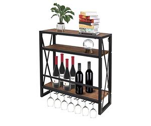 Todeco Étagère à Vin Murale avec Porte-Verres, 12 Bouteilles, Casier à Vin | 3 étagères, support pour 14 verres, cadre en métal, charge 50 kg, idéal cuisine, salle à manger et bar