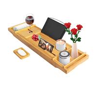 Todeco Étagère de Baignoire Extensible Bambou Plateau de Baignoire Noir | 23x(74.5-109) cm, Plateau Planche de Luxe avec Porte-Livre, Porte-Verre, Porte-Bougie etc., Planche Spa pour Adultes