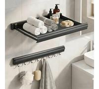 Todeco Sechoir Linge Mural Rétractable avec Étagère Filet & 8 Crochets, Étagère de Douche sans Percage, Étendoir à Linge Design Pliable Invisible, Rail À Crochets pour Buanderie Salle de Bain Cuisine