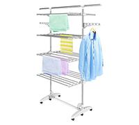 Todeco - Etendoir à Linge, Etendage à Linge - Matériau: Tubes en Acier Inoxydable - Charge maximale: 3 kg par Barre de Support - 4 étagères, Blanc, avec des Ailes et Une Barre supérieure étendue