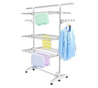 Todeco - Etendoir à Linge, Etendage à Linge - Matériau: Tubes en Acier Inoxydable - Charge maximale: 3 kg par Barre de Support - 3 étagères, Blanc, avec des Ailes et Une Barre supérieure étendue