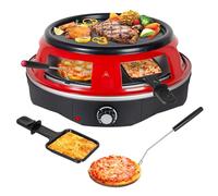 Todeco Four à Pizza Électrique 3 en 1, 6 Personnes | 6 mini-pelles à pizza, 6 poêlons à raclette, plaque grill amovible, revêtement antiadhésif, griller et crêpes, 1200 W