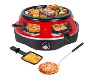 Todeco Four à Pizza Électrique 3 en 1, 6 Personnes | 6 mini-pelles à pizza, 6 poêlons à raclette, plaque grill amovible, revêtement antiadhésif, griller et crêpes, 1200 W