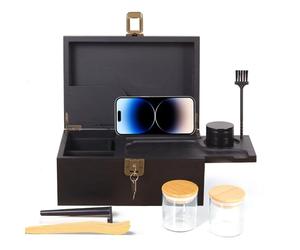 Todeco Grande Boîte en Bambou avec Serrure, Grinder et Kit d'accessoires | 2 Clés, 2 Bocaux en Verre, 2 Tubes à Essai, Pince, Brosse, Plateau Coulissant Amovible, Boîte avec Séparateurs pour Maison