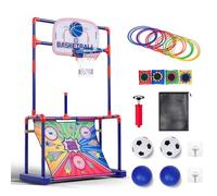 Todeco Panier de Basket Enfants 4 en 1 - Roulement Gauche-Droite, Hauteur 120cm, Basketball/Football/Lancement d'anneau/Sac de Haricots, Score LED, Intérieur-Extérieur, 3-12 Ans