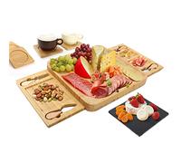 Todeco Plateau à Fromage en Bambou, Plateau à charcuterie avec 4 Couteaux à fromage, 4 sous-verres et 2 tiroirs Coulissants, pour Servir des apéritifs et Viande, pour Noël, Valentin, Anniversaire