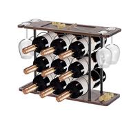Todeco Porte-Bouteilles à Vin avec Porte-Verres, Étagère pour 9 Bouteilles | 4 porte-verres, structure métallique, rangement horizontal, compartiment pour bouchons, tire-bouchon et accessoires