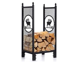 Todeco Porte bûches Range bûches vertical acier noir avec étagère, Motif de l'élan Porte-bûches Charge 60 kg, 40x30x80 cm, pour Intérieur Extérieur