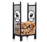 Todeco Porte-Bûches Vertical 60 kg avec 2 Crochets, Étagère à Bûches, Noir | Structure en fer, revêtement antirouille, ventilation optimisée, motif cerf décoratif, montage rapide, intérieur et extérieur