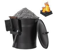 Todeco Seau à Cendres Métallique 24 L avec Couvercle, Pelle & Brosse, Résistant à la Chaleur, Poignée en Bois, pour Cheminée, Poêle à Bois, Foyer Extérieur, Barbecue ou Camping, Noir