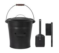 Todeco Seau à Cendres avec Couvercle, Pelle et Brosse, Seau à Charbon en métal 19 litres avec Anse pour Cheminée Intérieure et Extérieure, Foyer, Poêle à Bois, Barbecue, Noir