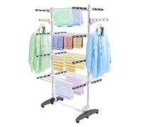 Todeco Séchoir à Linge Pliant à 4 Niveaux, Etendoir à Linge intérieur en Acier Inoxydable, Sèche-Linge Etendoir Pliable avec Ailes réglables en Hauteur pour Terrasse Jardin, Gris