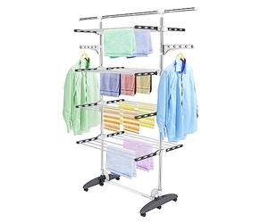 Todeco Séchoir à Linge Pliant à 4 Niveaux, Etendoir à Linge intérieur en Acier Inoxydable, Sèche-Linge Etendoir Pliable avec Barre Supérieure Extensible, Ailes réglables en Hauteur, Gris