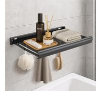 Todeco Sechoir Linge Mural Rétractable avec Étagère Filet & 8 Crochets, Étagère de Douche sans Percage, Étendoir à Linge Design Pliable Invisible, Rail À Crochets pour Buanderie Salle de Bain Cuisine